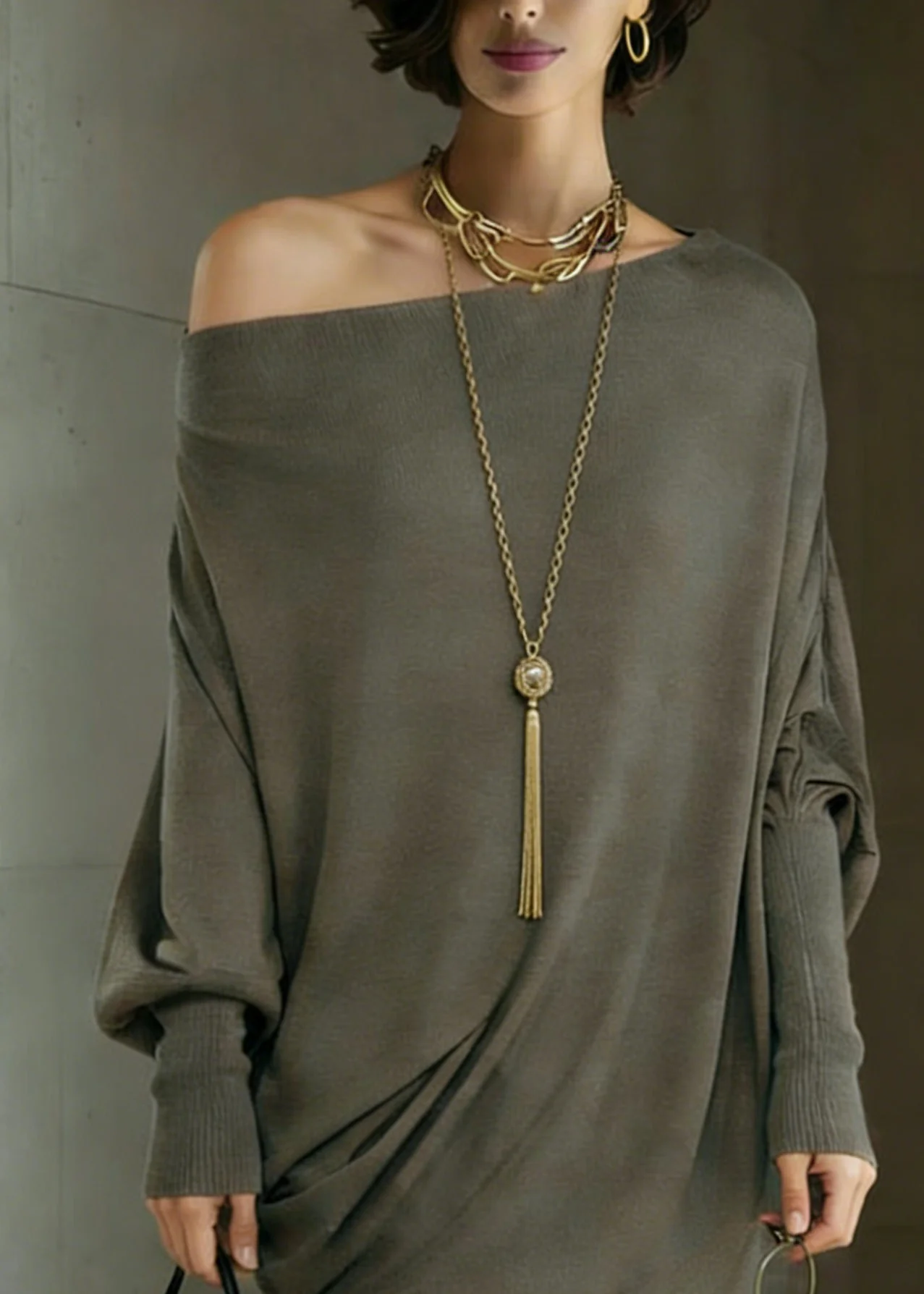 Stylish Grey Asymmetrical Woolen Knit Top Batwing Sleeve - Image 2