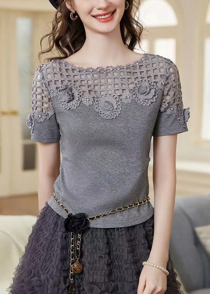 Stylish Grey Hollow Out Patchwork Flower Cotton Tank Tops Summer - Image 3
