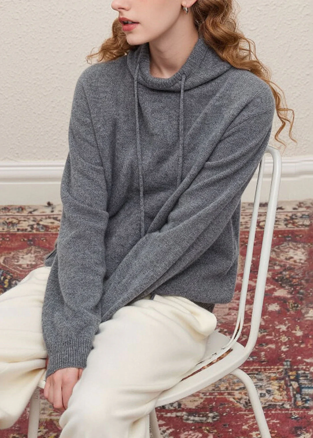 Stylish Grey Hooded Drawstring Knit Pullover Spring - Image 5
