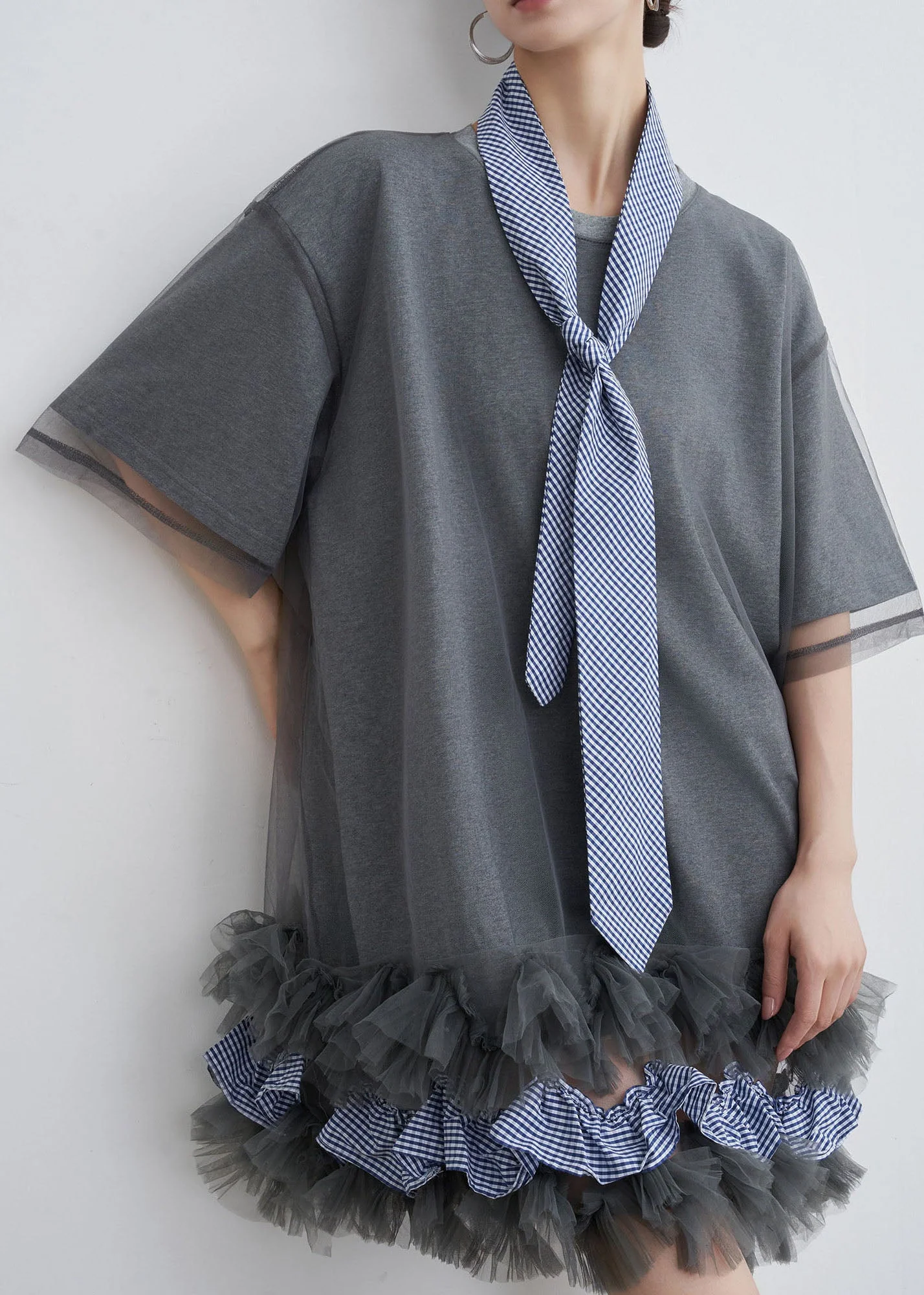 Stylish Grey O Neck Tulle Patchwork Cotton T Shirt Dresses Summer