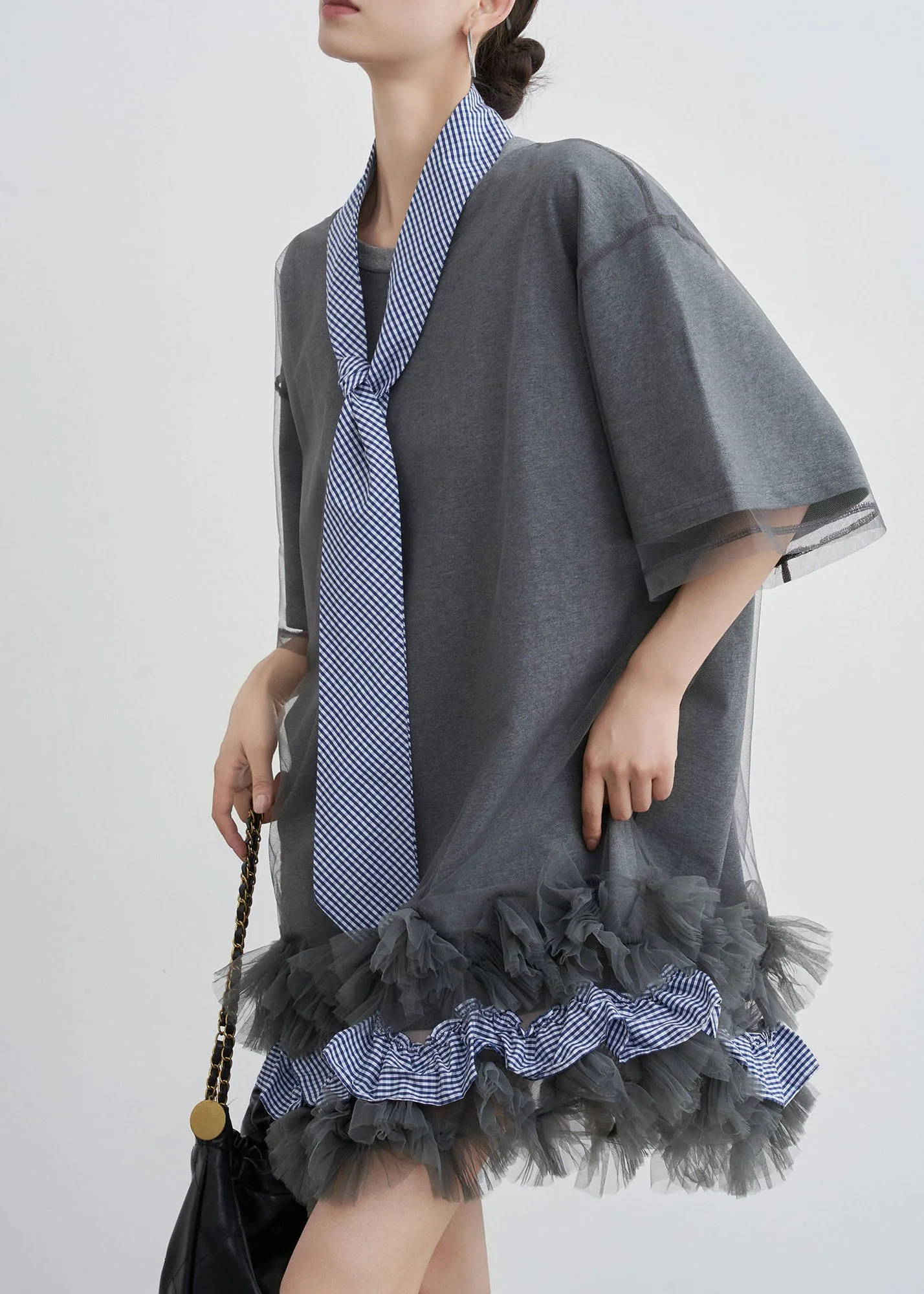 Stylish Grey O Neck Tulle Patchwork Cotton T Shirt Dresses Summer - Image 2