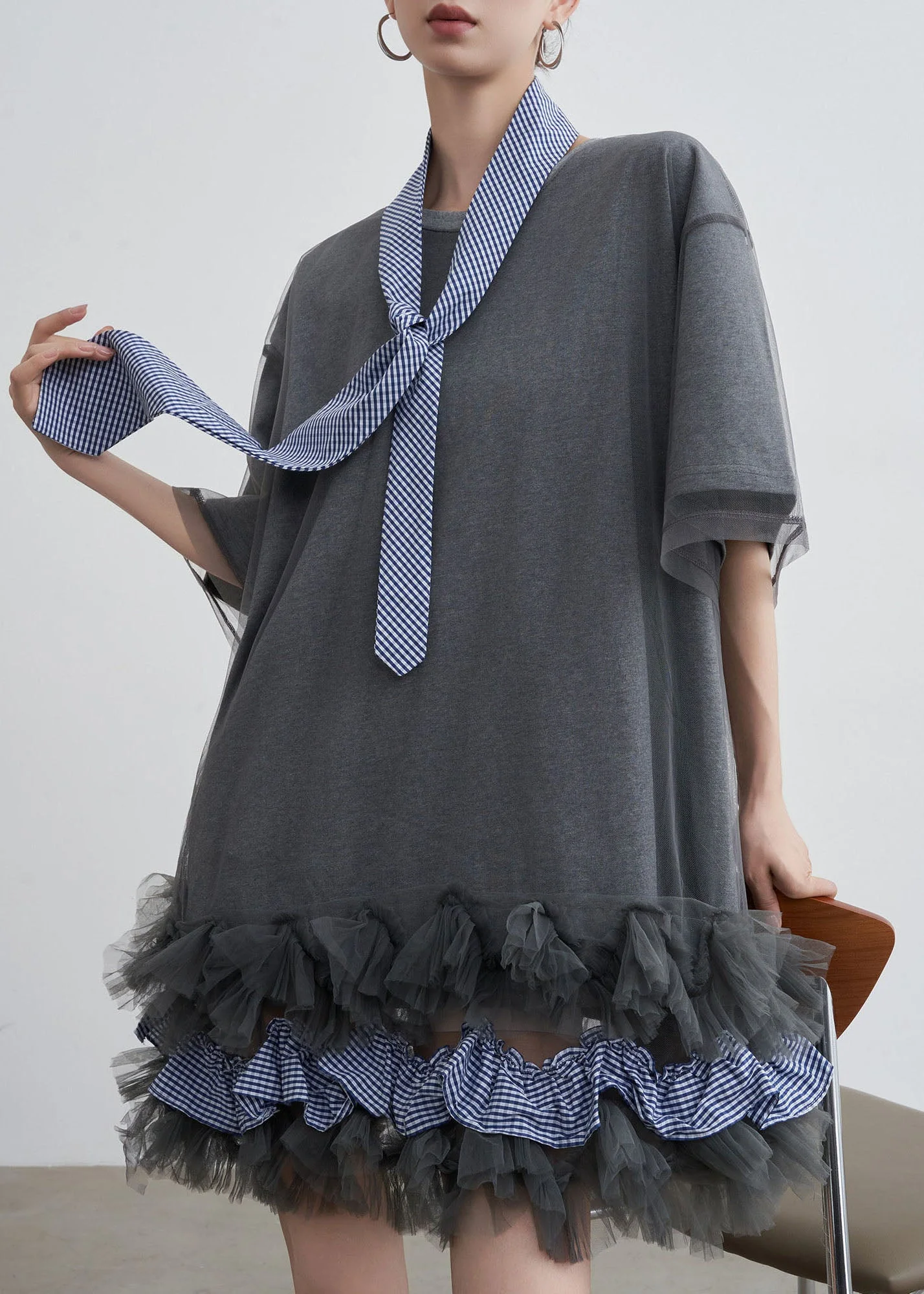 Stylish Grey O Neck Tulle Patchwork Cotton T Shirt Dresses Summer - Image 3
