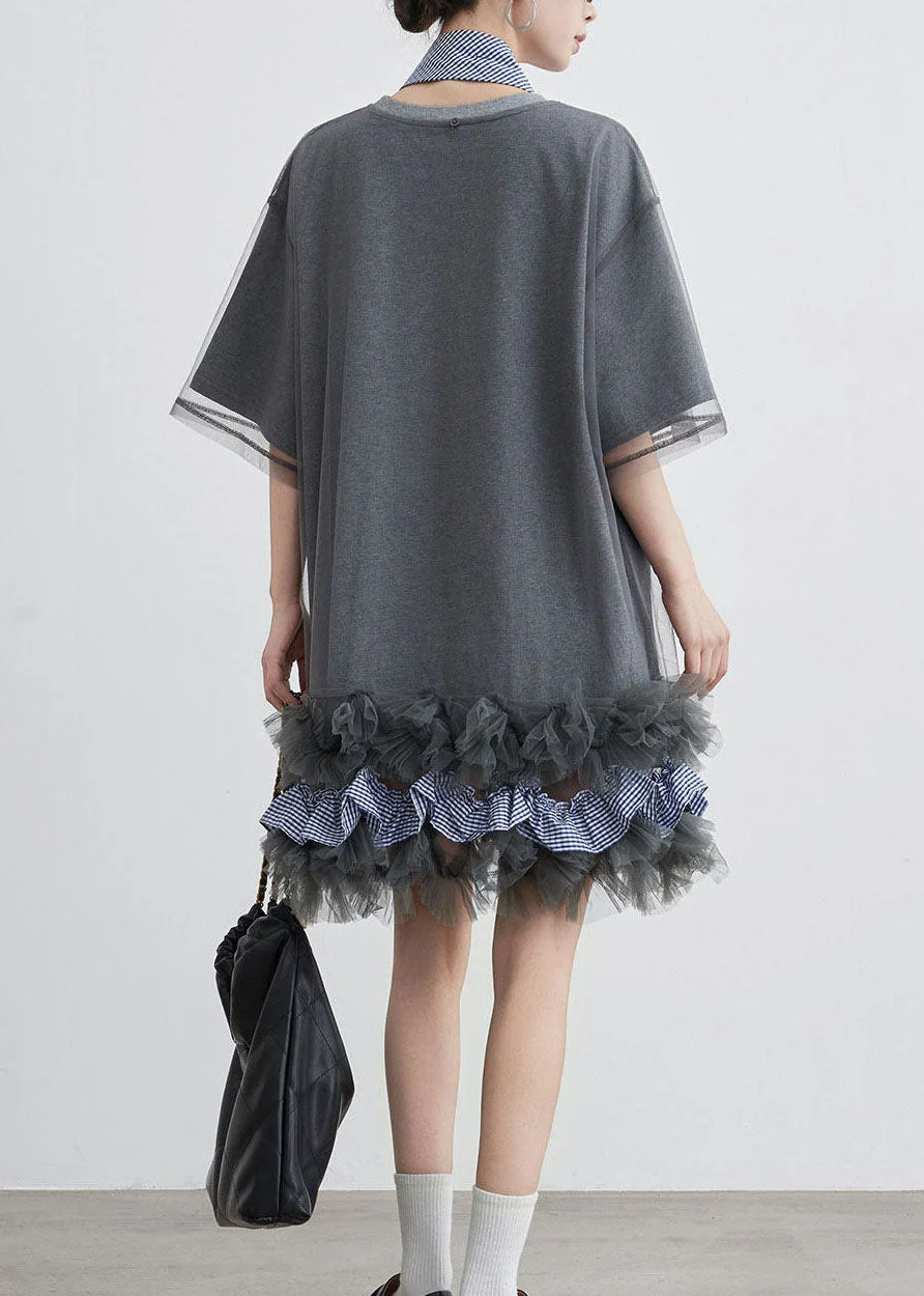 Stylish Grey O Neck Tulle Patchwork Cotton T Shirt Dresses Summer - Image 5