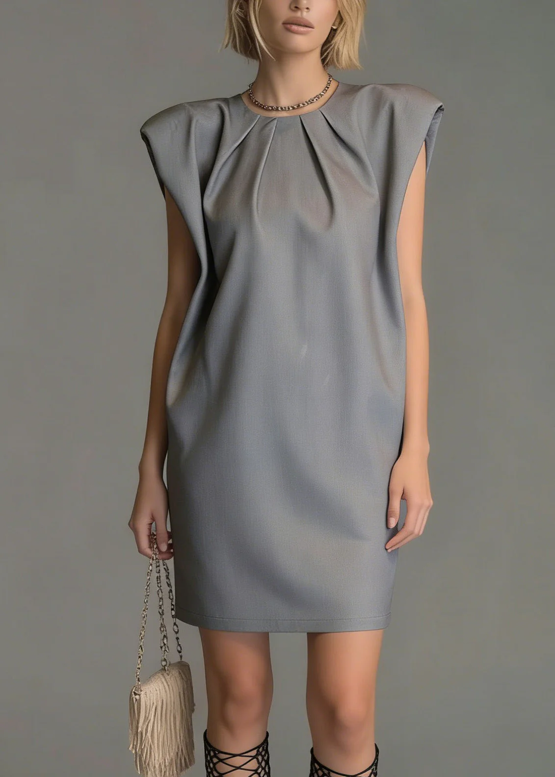 Stylish Grey O Neck Wrinkled Mid Dresses Summer - Image 2