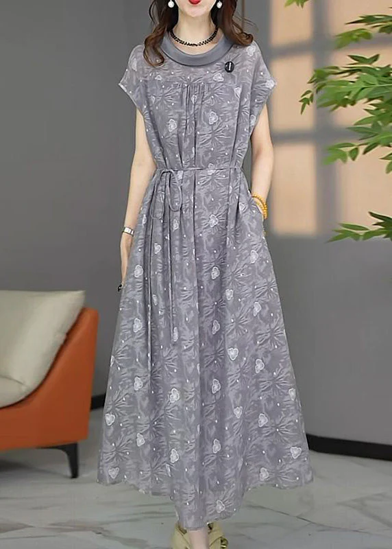 Stylish Grey Oversized Print Chiffon Maxi Dresses Summer
