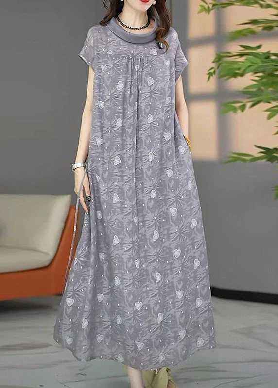 Stylish Grey Oversized Print Chiffon Maxi Dresses Summer - Image 3