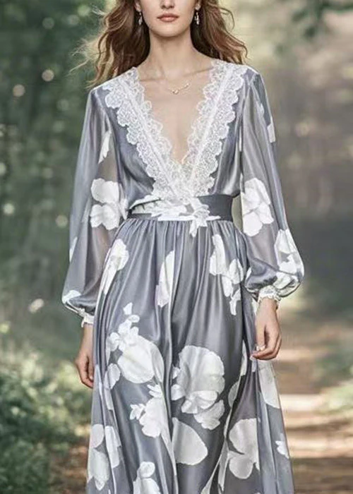Stylish Grey Print High Waist Patchwork Silk Maxi Dress Spring - Image 2