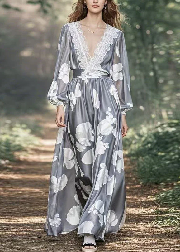 Stylish Grey Print High Waist Patchwork Silk Maxi Dress Spring - Image 3