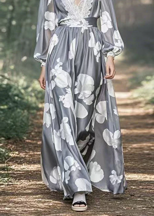 Stylish Grey Print High Waist Patchwork Silk Maxi Dress Spring - Image 4