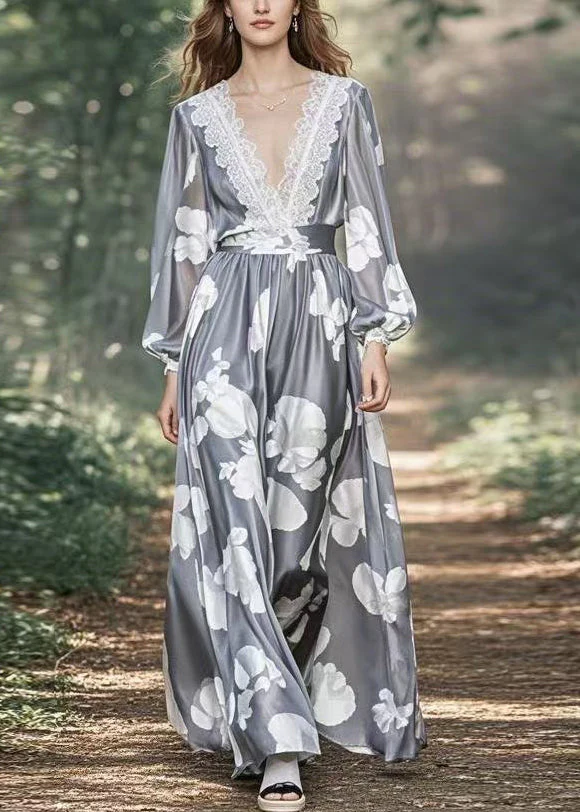 Stylish Grey Print High Waist Patchwork Silk Maxi Dress Spring - Image 5