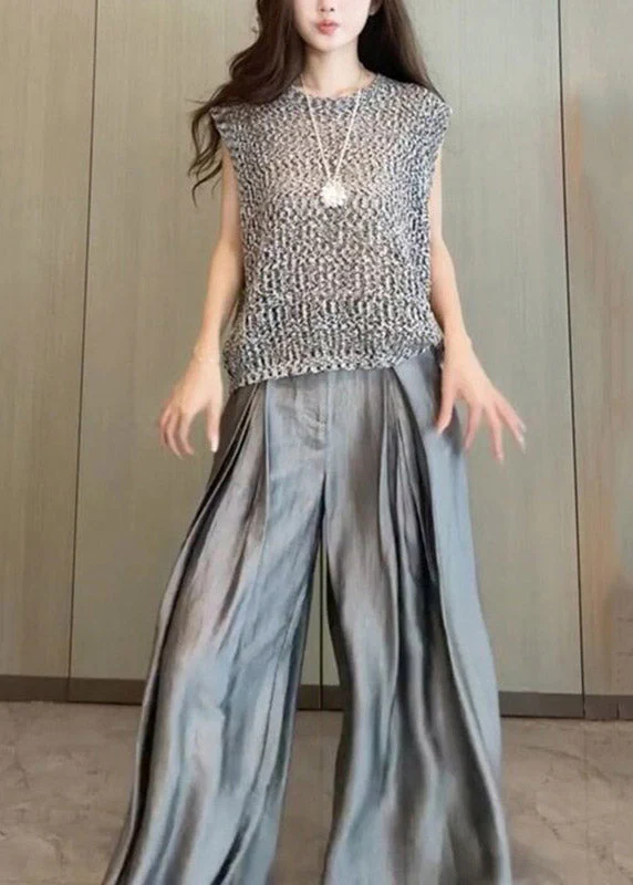 Stylish Grey Print T Shirt And Wide Leg Pants Two Pieces Set Summer - Image 2