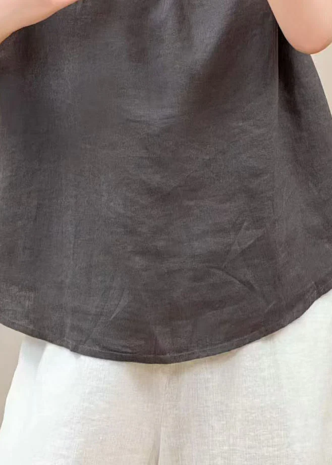 Stylish Grey Ruffled Linen Shirt Top Sleeveless - Image 4