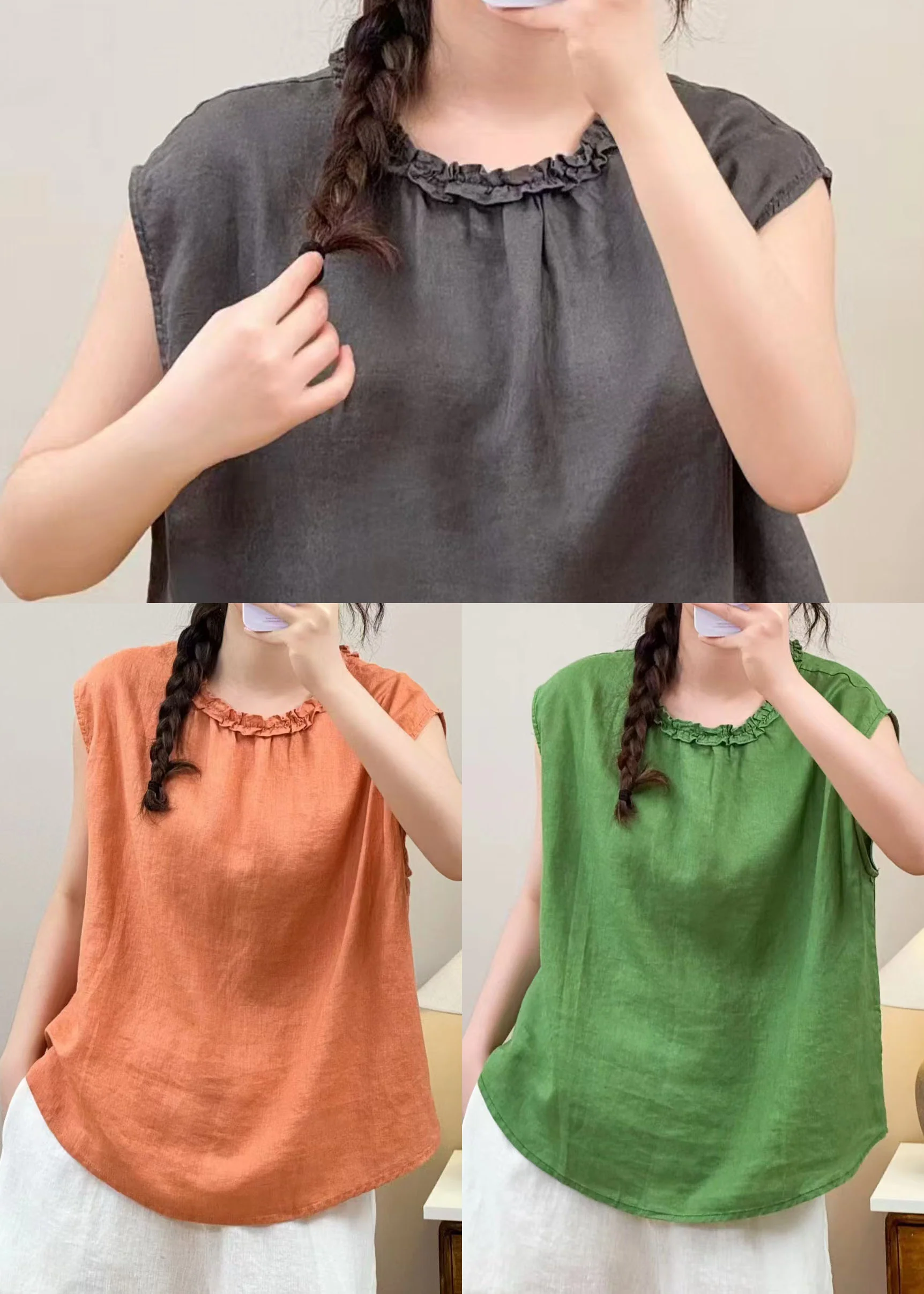 Stylish Grey Ruffled Linen Shirt Top Sleeveless - Image 5