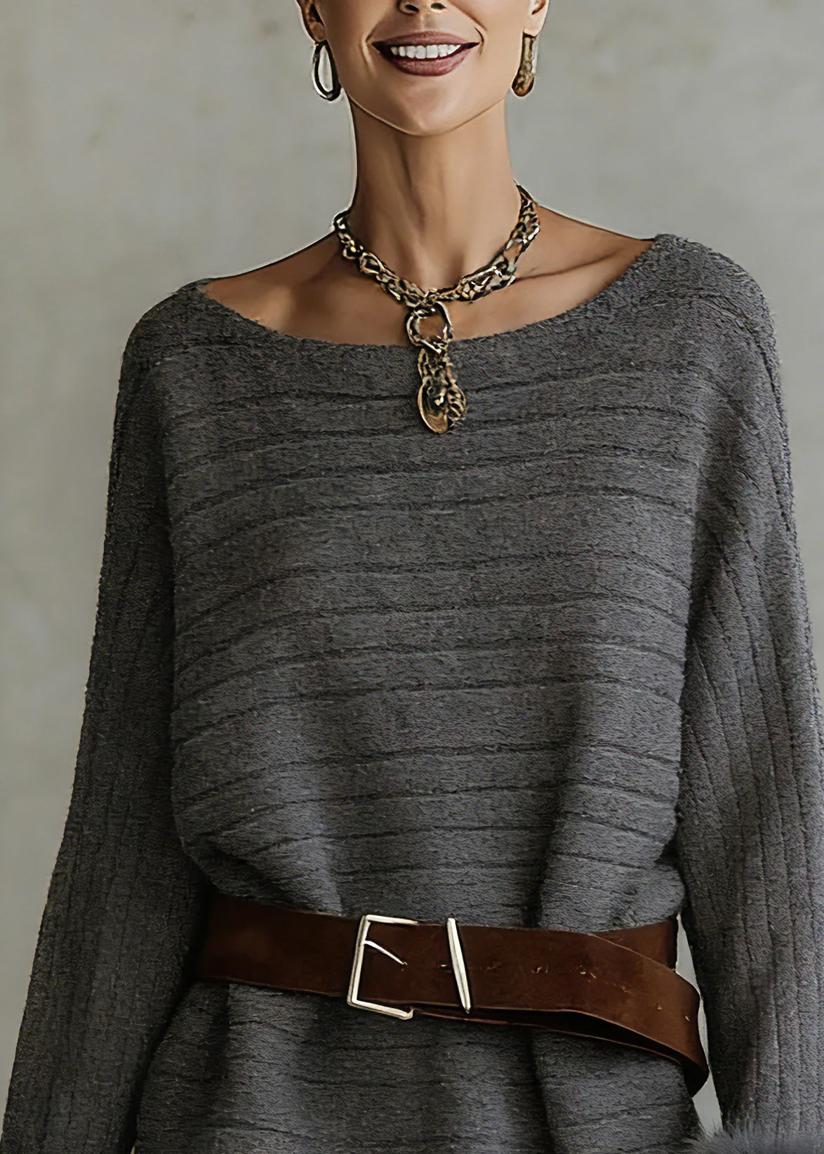 Stylish Grey Slash Neck Striped Cotton Knit Sweater Spring - Image 2