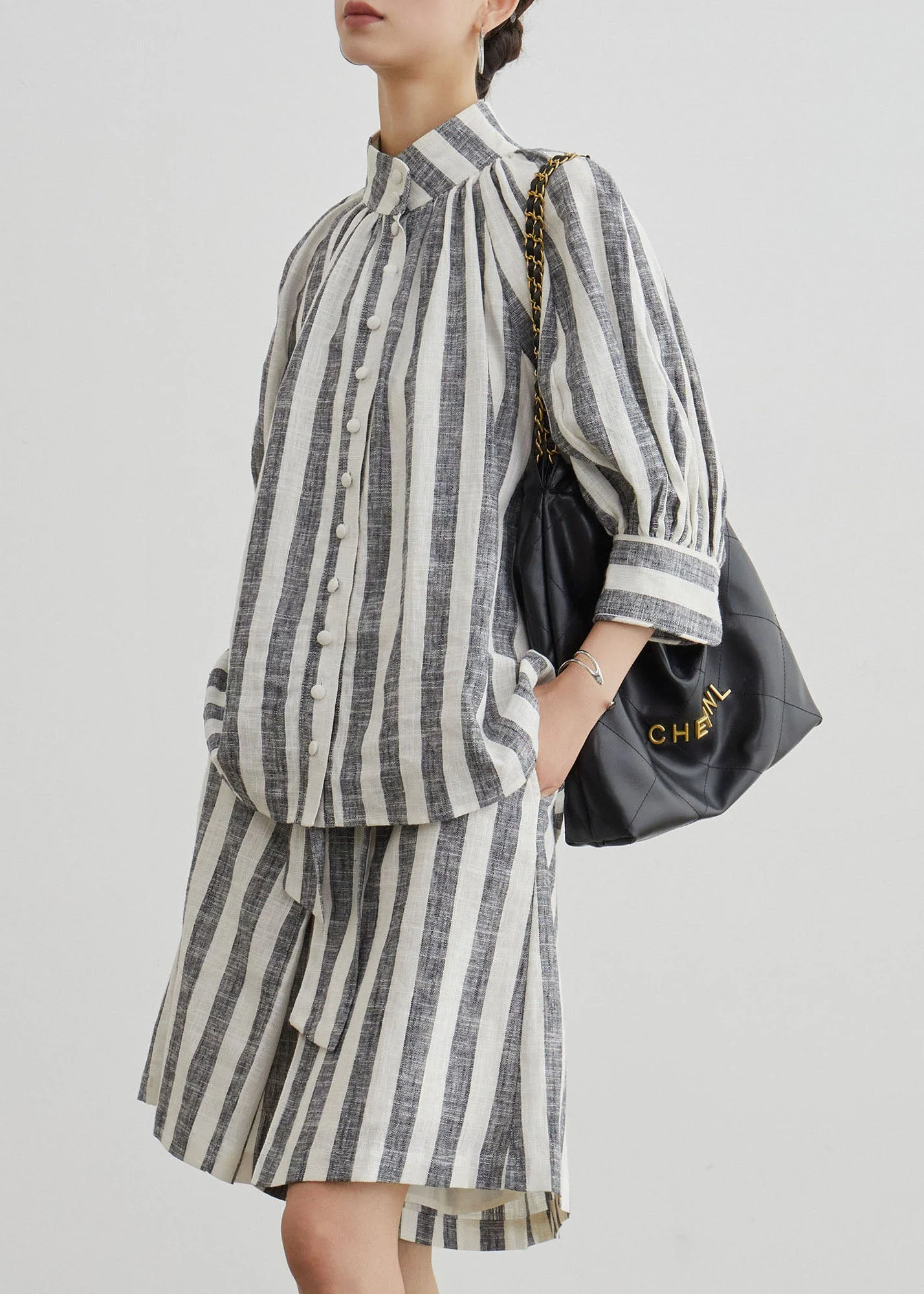 Stylish Grey Stand Collar Striped Cotton Two Pieces Set Summer