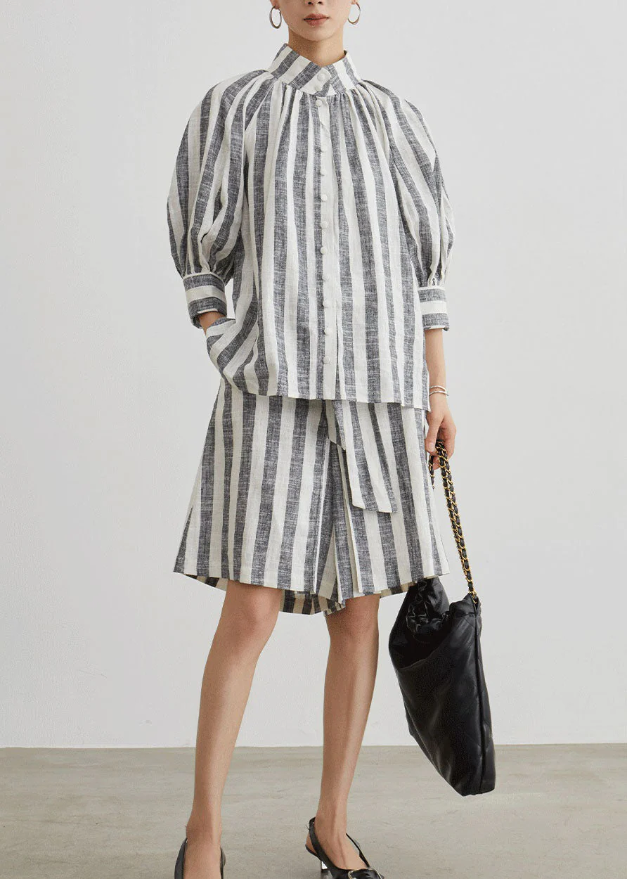 Stylish Grey Stand Collar Striped Cotton Two Pieces Set Summer - Image 2