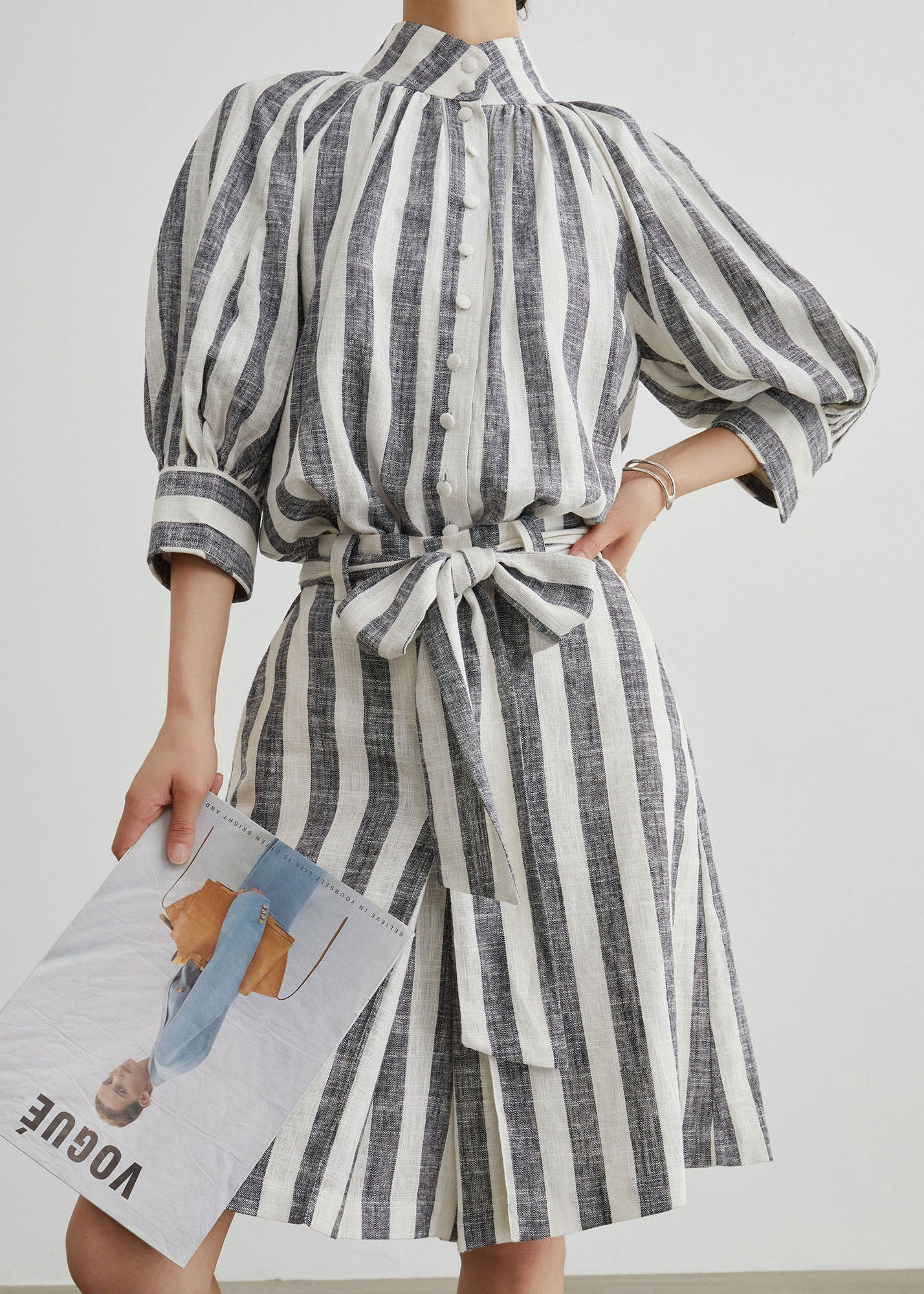 Stylish Grey Stand Collar Striped Cotton Two Pieces Set Summer - Image 4