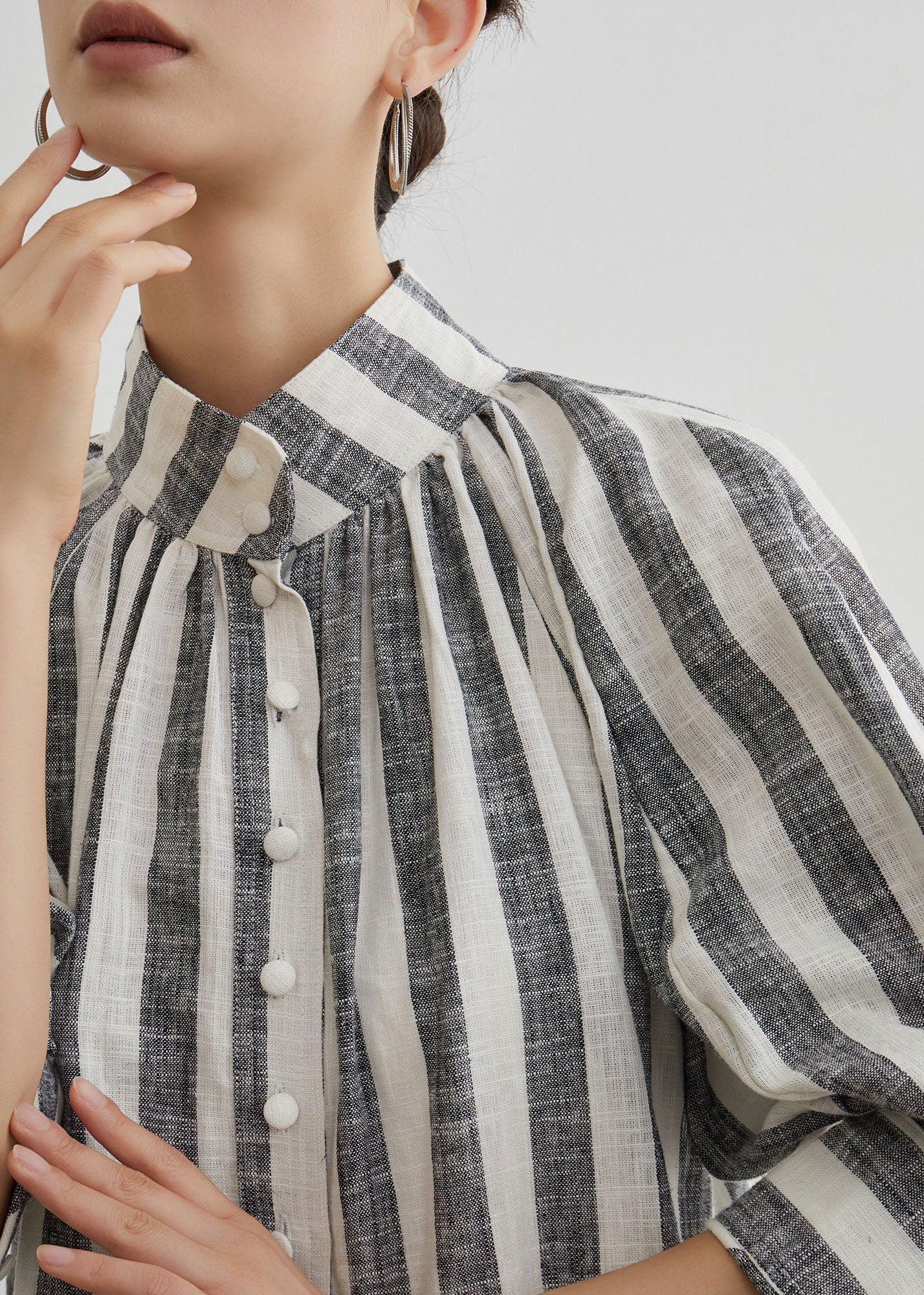 Stylish Grey Stand Collar Striped Cotton Two Pieces Set Summer - Image 5