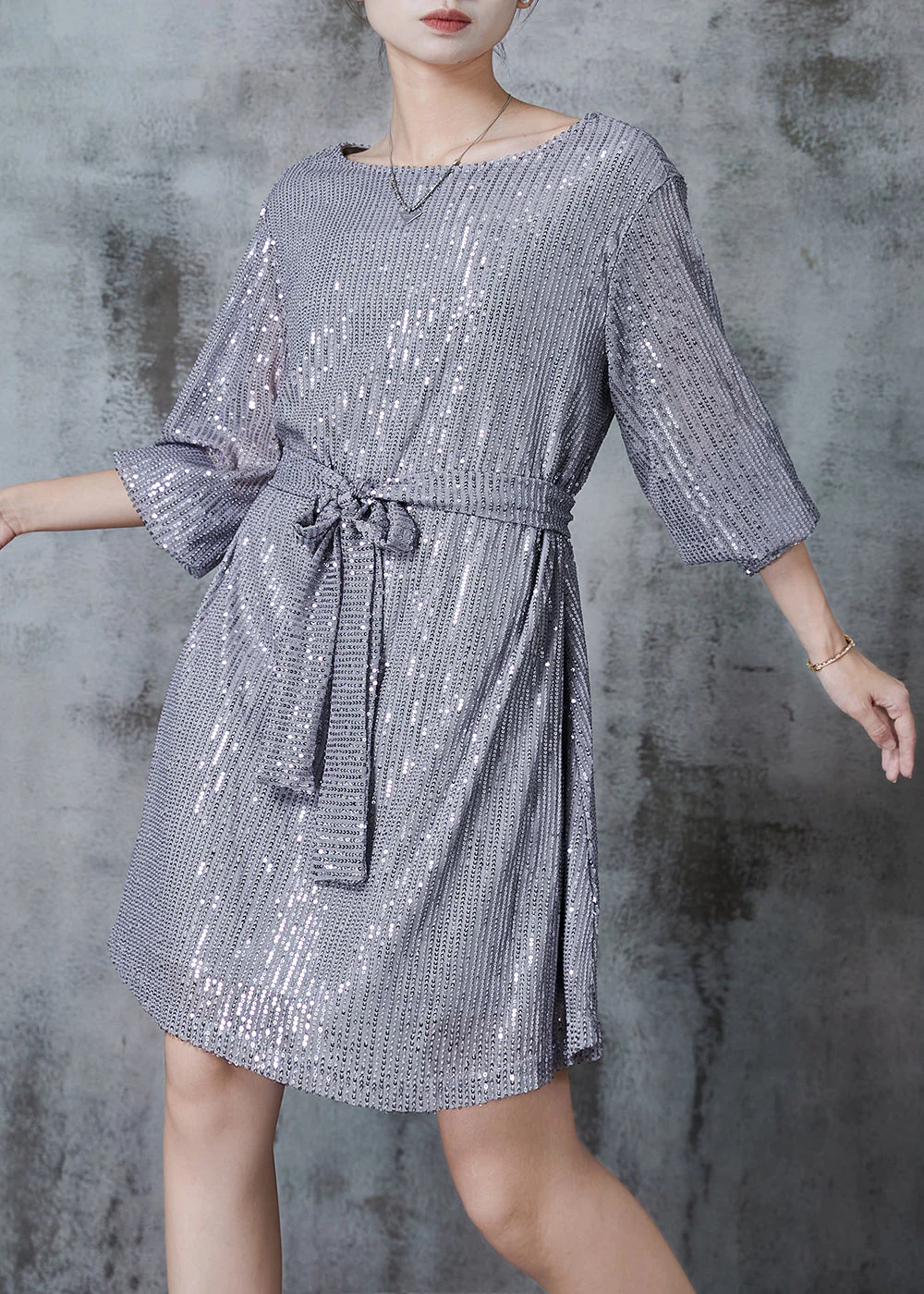 Stylish Grey Tie Waist Sequins Tulle Party Dresses Spring - Image 2