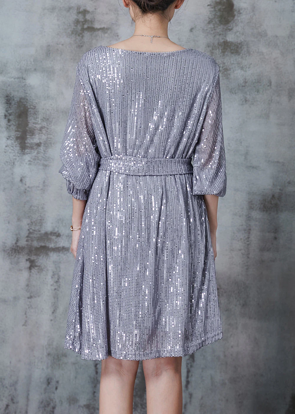 Stylish Grey Tie Waist Sequins Tulle Party Dresses Spring - Image 4