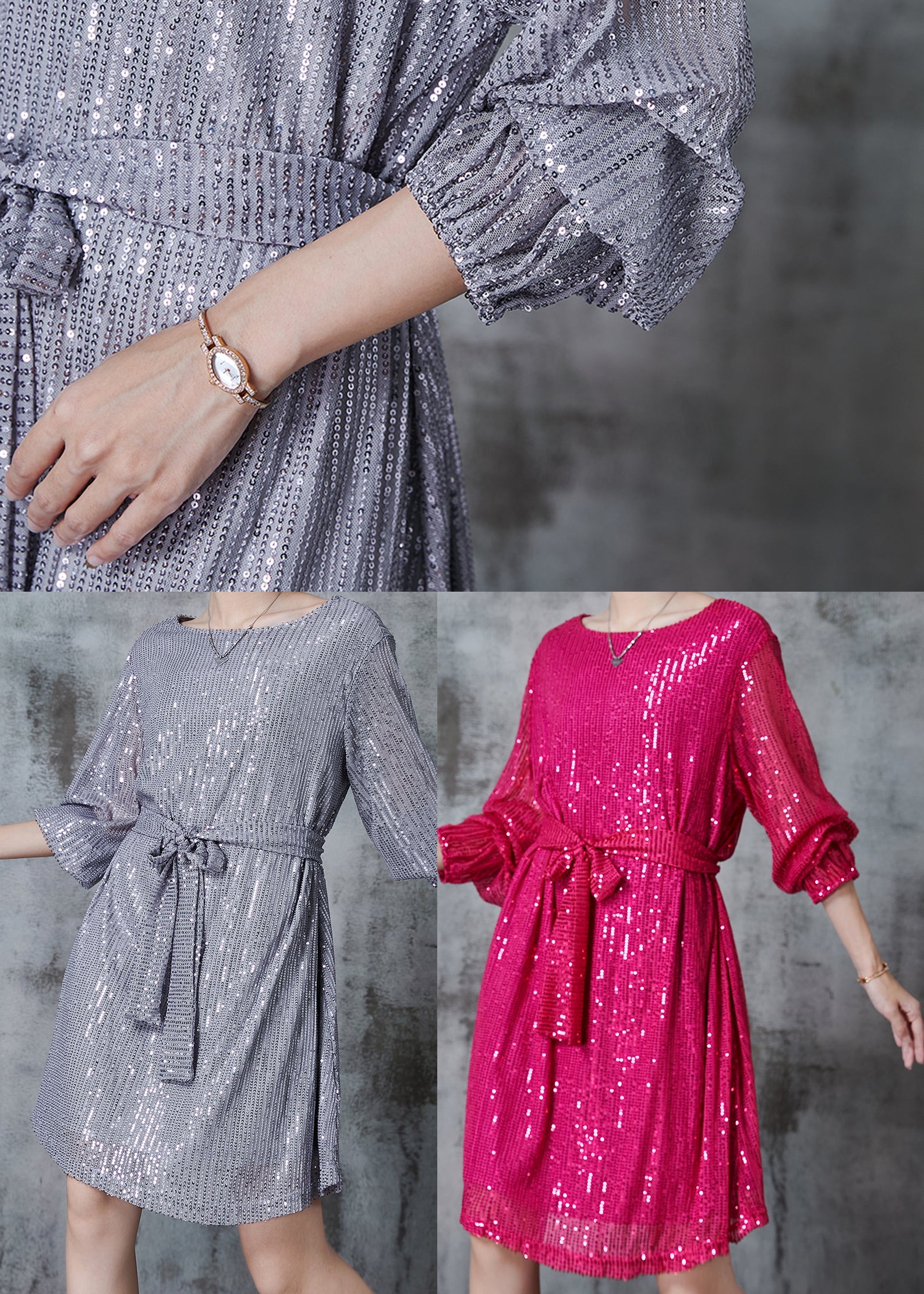 Stylish Grey Tie Waist Sequins Tulle Party Dresses Spring - Image 5