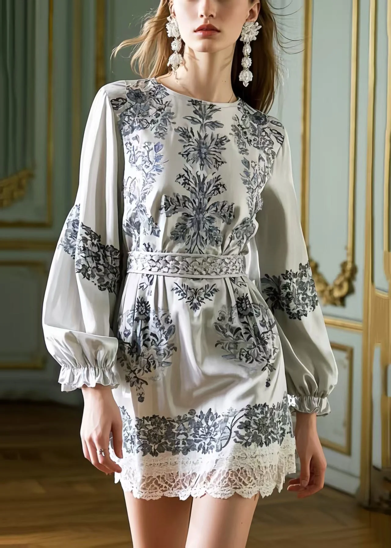 Stylish Grey Tunic Print Silk Work Dress Spring - Image 3