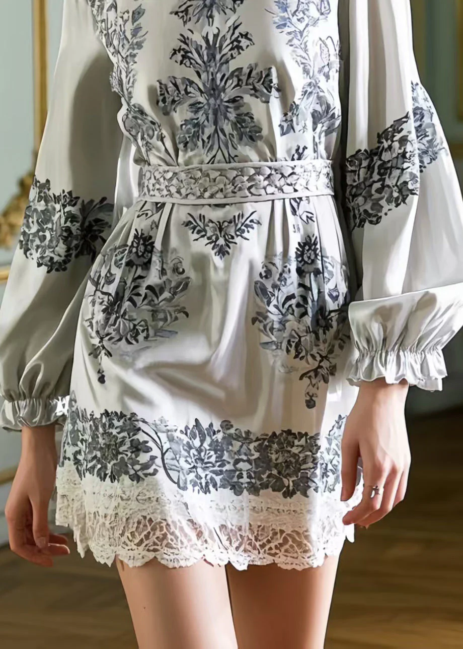 Stylish Grey Tunic Print Silk Work Dress Spring - Image 4