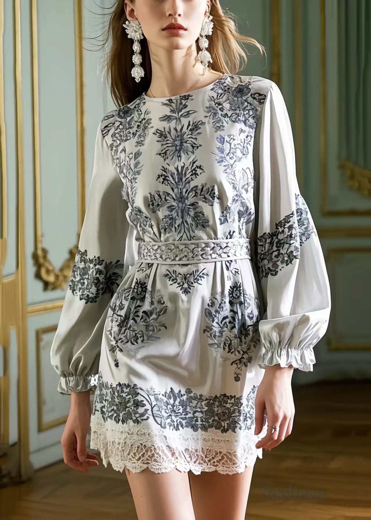Stylish Grey Tunic Print Silk Work Dress Spring - Image 5