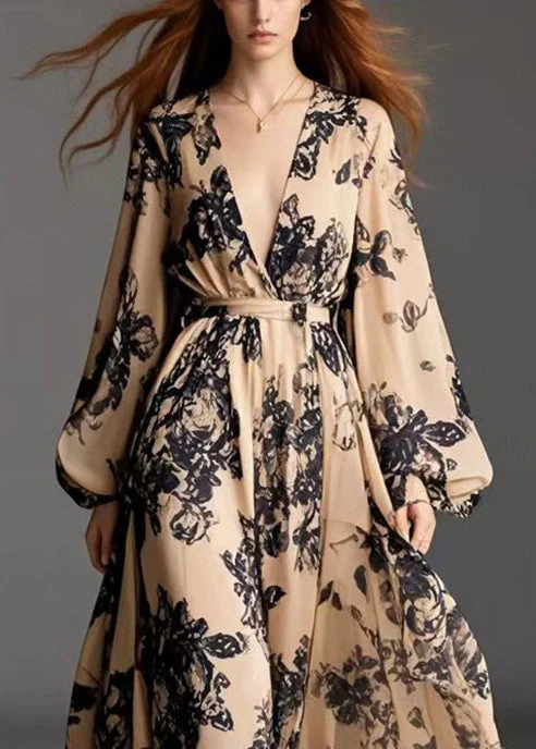 Stylish Khaki Cinched Print Chiffon Beach Dresses Spring - Image 2