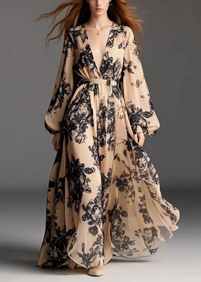 Stylish Khaki Cinched Print Chiffon Beach Dresses Spring - Image 5