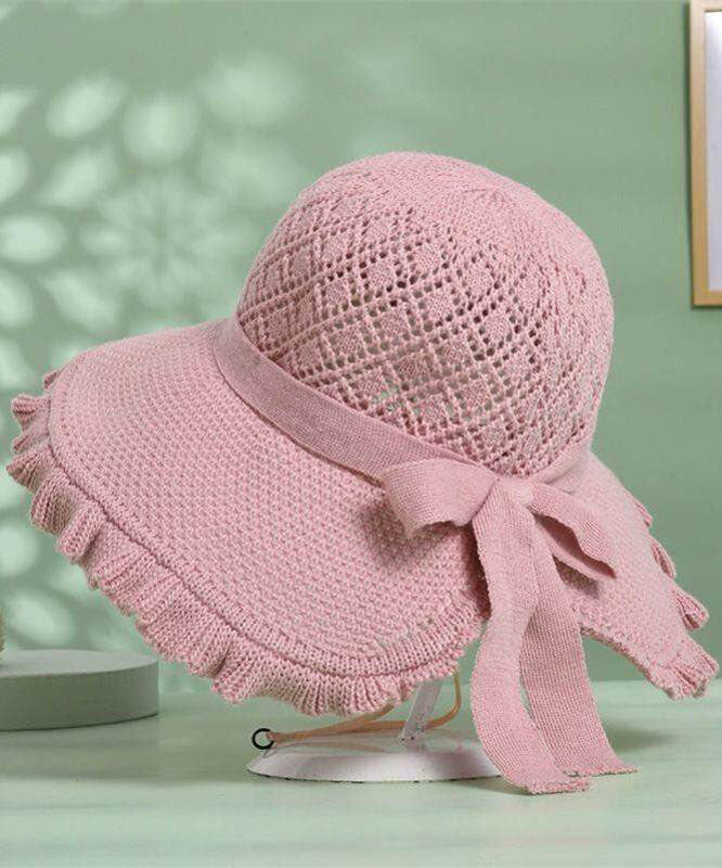 Stylish Khaki Hollow Out Bow Straw Woven Bucket Hat - Image 2