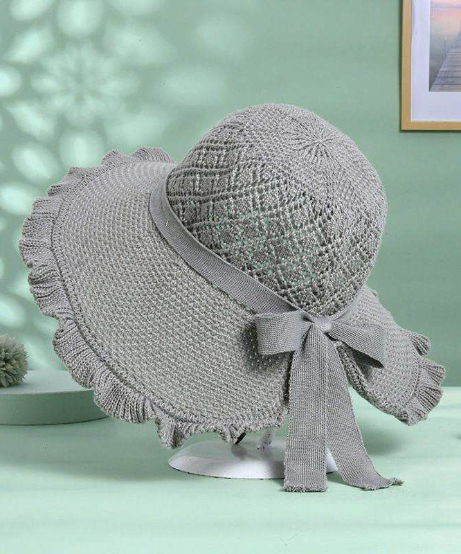 Stylish Khaki Hollow Out Bow Straw Woven Bucket Hat - Image 3
