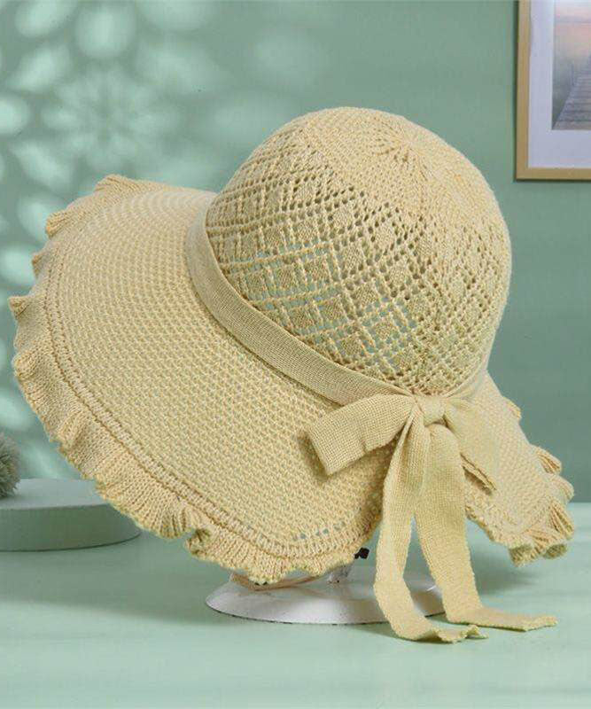 Stylish Khaki Hollow Out Bow Straw Woven Bucket Hat - Image 4