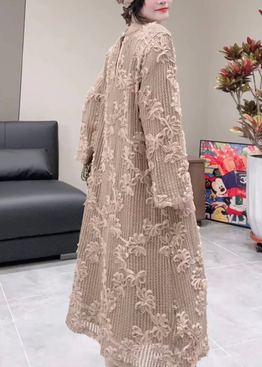 Stylish Khaki O Neck Floral Design Cotton Dress Fall - Image 4