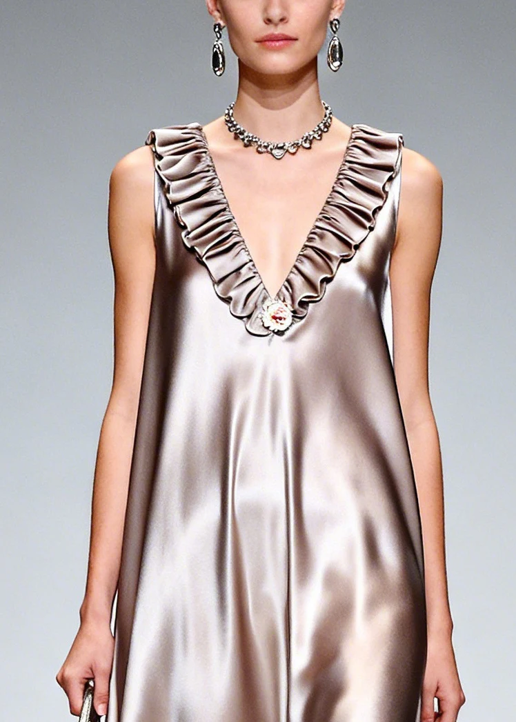 Stylish Khaki Ruffled Exra Large Hem Silk Long Dress Sleeveless - Image 2