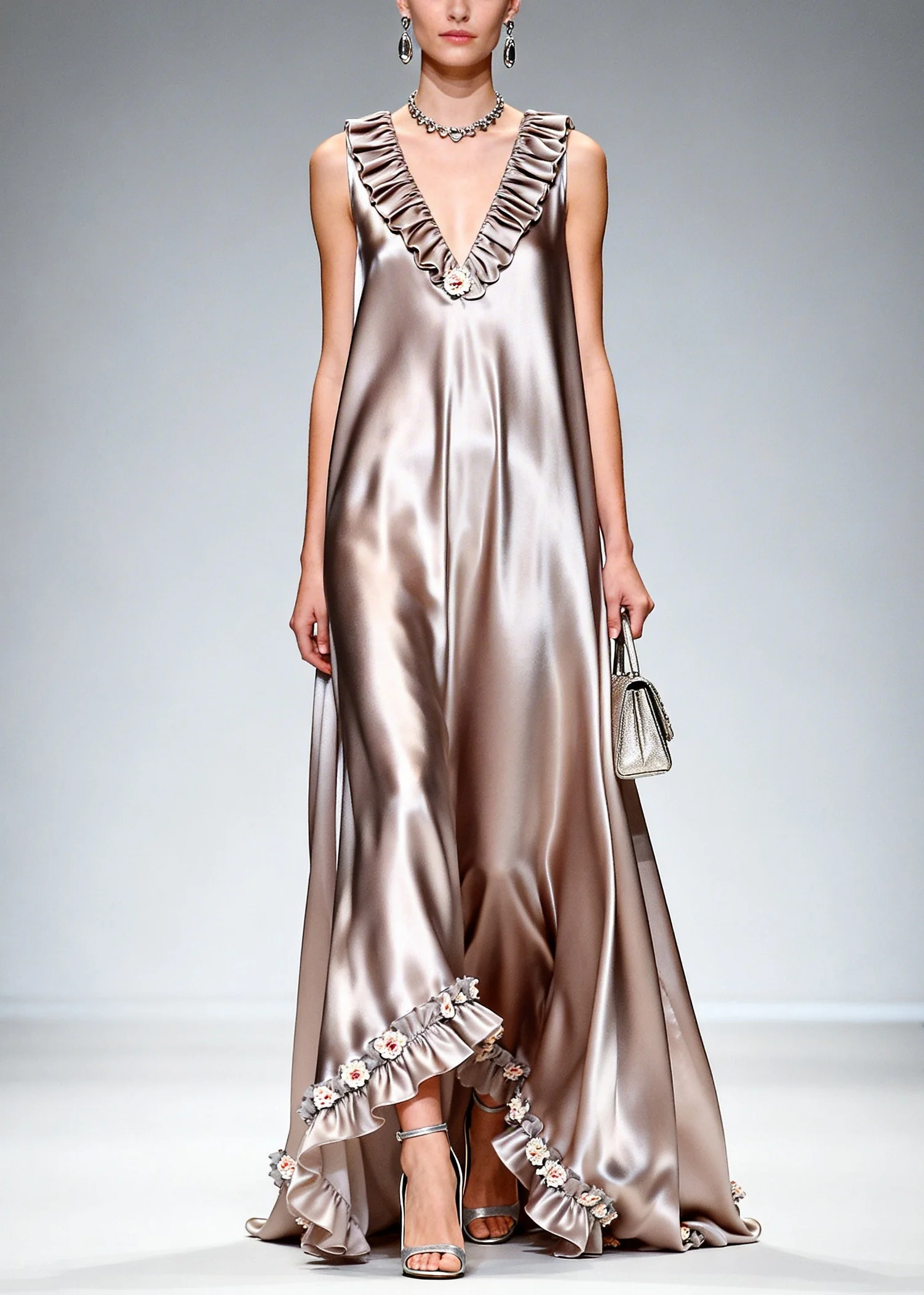 Stylish Khaki Ruffled Exra Large Hem Silk Long Dress Sleeveless - Image 3