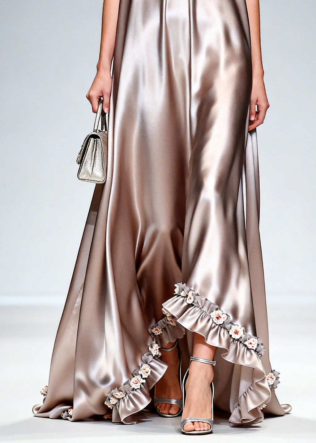 Stylish Khaki Ruffled Exra Large Hem Silk Long Dress Sleeveless - Image 4