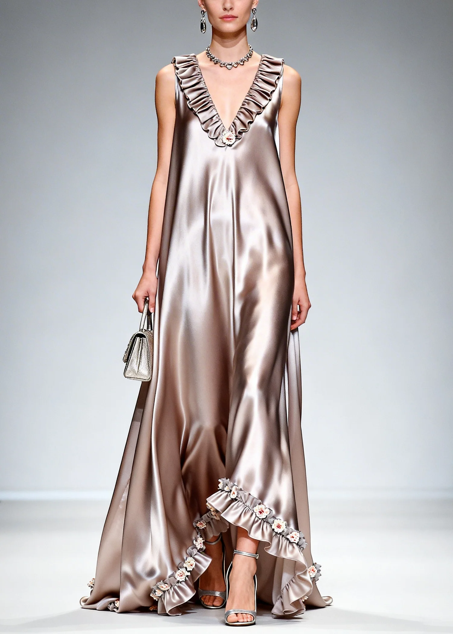Stylish Khaki Ruffled Exra Large Hem Silk Long Dress Sleeveless - Image 5
