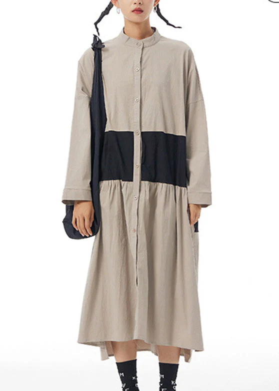 Stylish Khaki Stand Collar Patchwork Button Cotton Long Shirt Dress Long Sleeve - Image 2