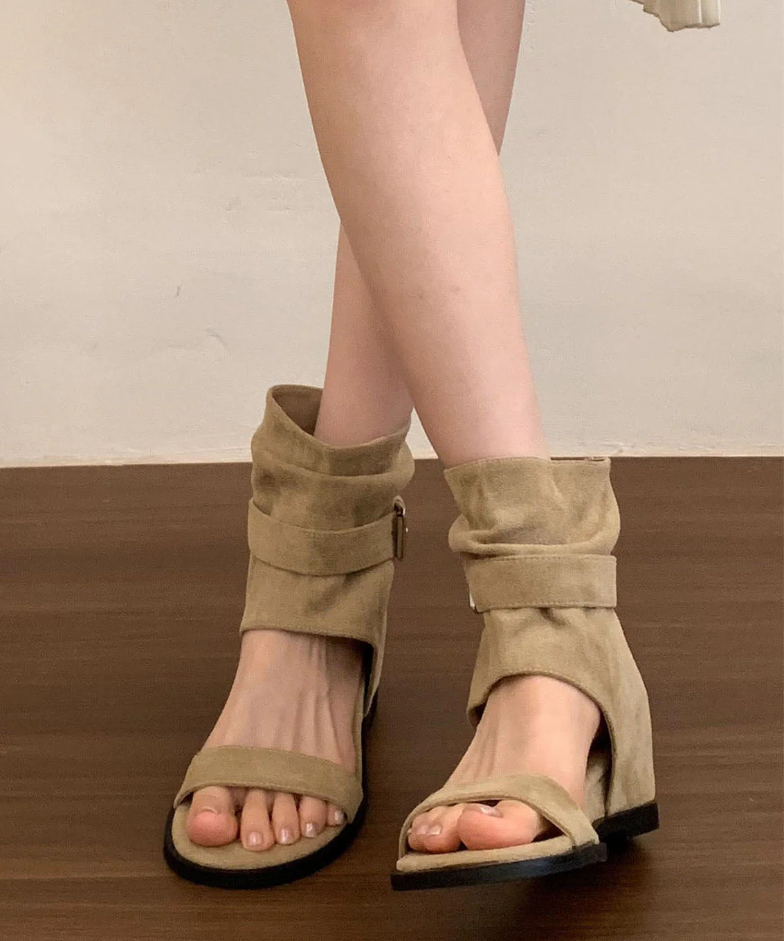 Stylish Khaki Suede Splicing Wedge Sandals Boots Peep Toe - Image 4