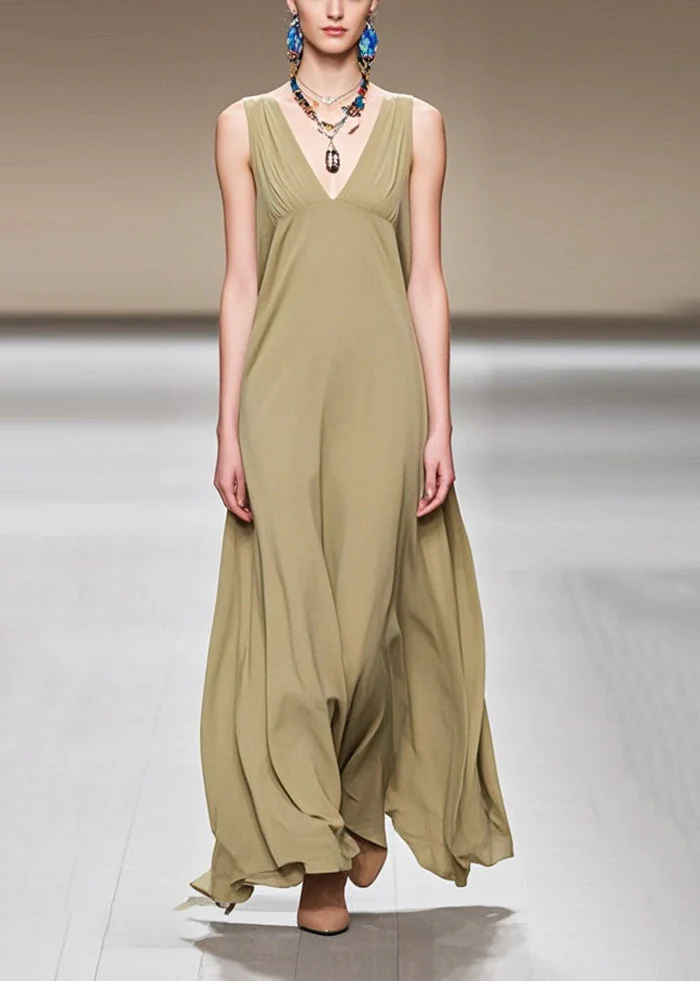 Stylish Khaki V Neck Draping Chiffon Party Dress Sleeveless - Image 3