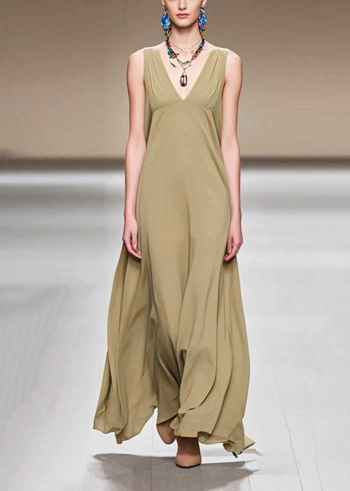 Stylish Khaki V Neck Draping Chiffon Party Dress Sleeveless - Image 5