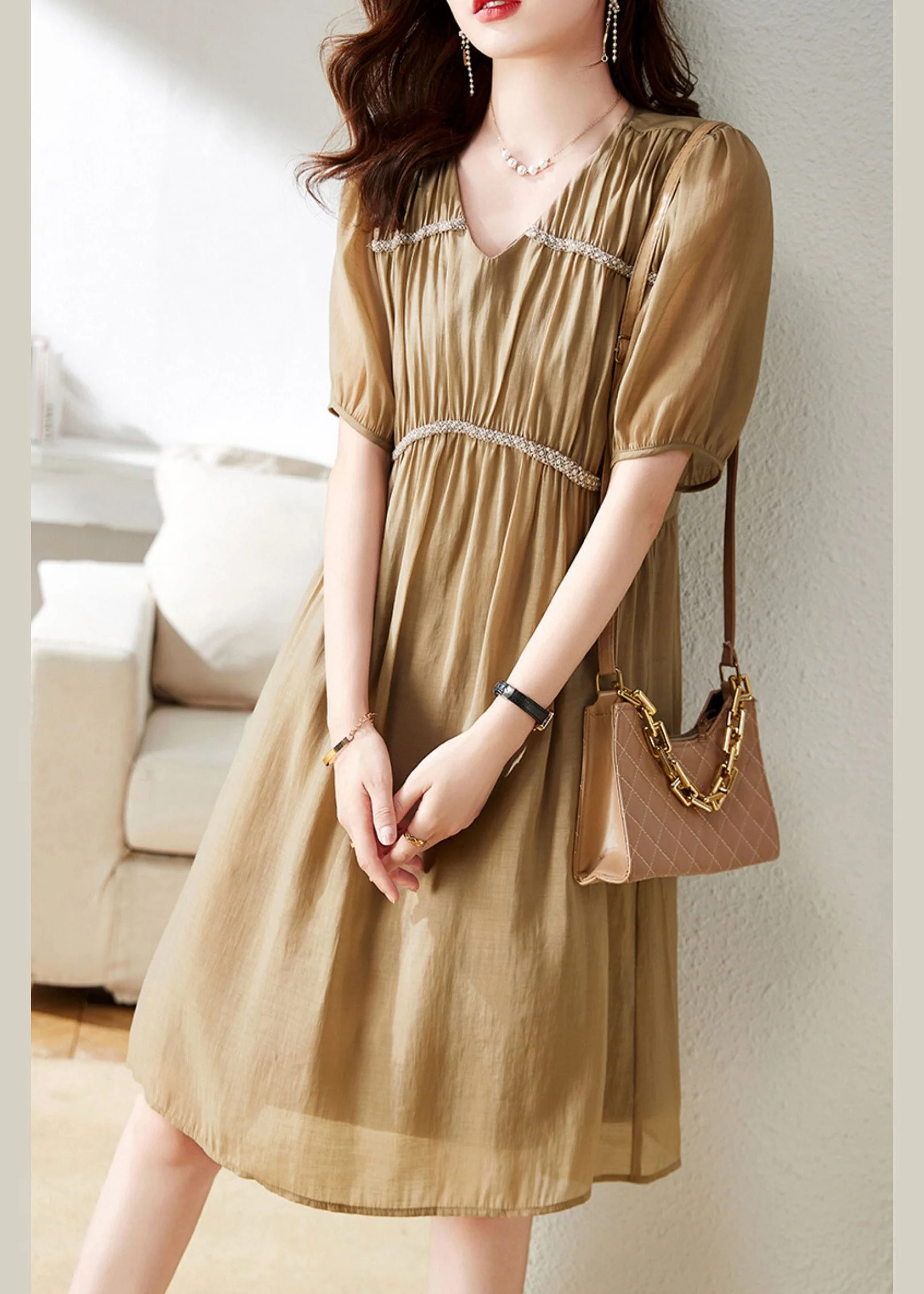 Stylish Khaki V Neck Patchwork Wrinkled Chiffon Maxi Dress Short Sleeve - Image 2