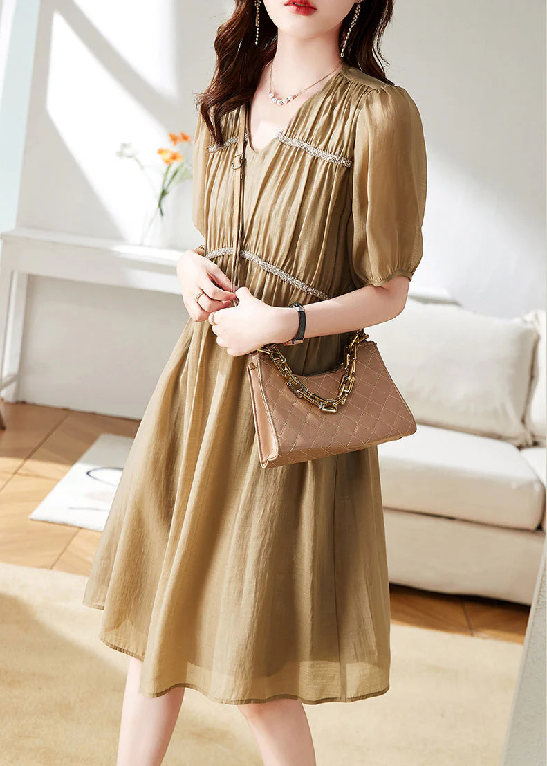 Stylish Khaki V Neck Patchwork Wrinkled Chiffon Maxi Dress Short Sleeve - Image 3