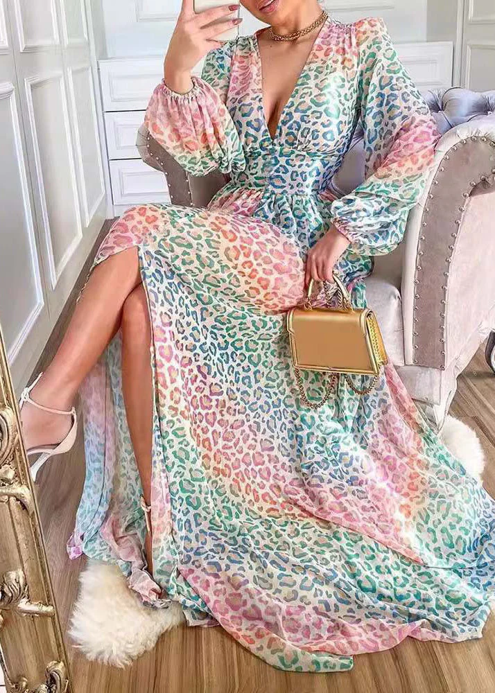 Stylish Leopard V Neck Side Open Cotton Long Dress Lantern Sleeve - Image 2