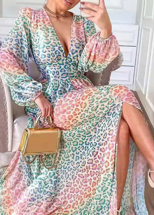 Stylish Leopard V Neck Side Open Cotton Long Dress Lantern Sleeve - Image 3