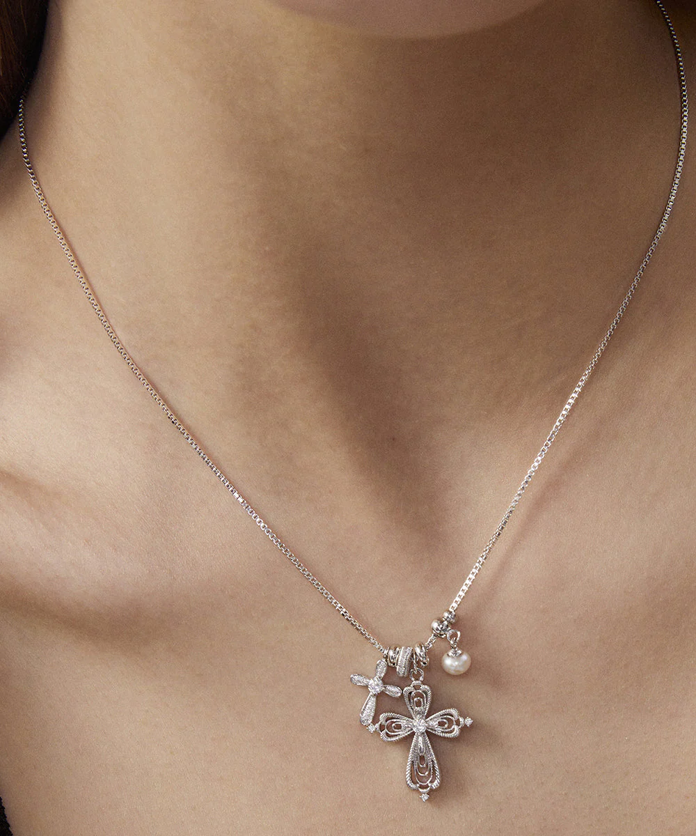 Stylish Lighg Gold Copper Overgild Pearl Zircon Cross Pendant Necklace - Image 2