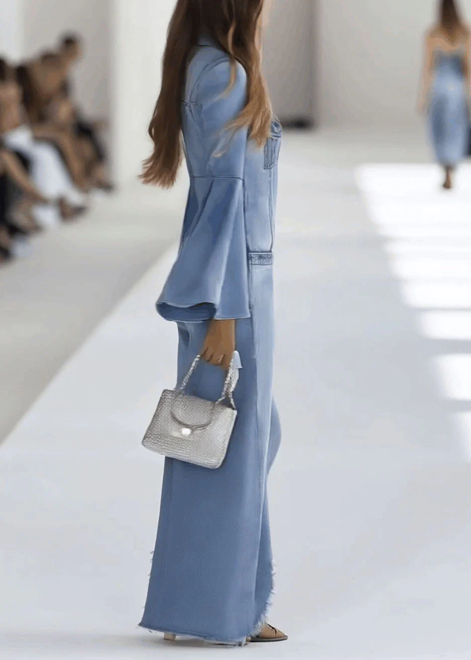 Stylish Light Blue Button Denim Jumpsuit Flare Sleeve - Image 2