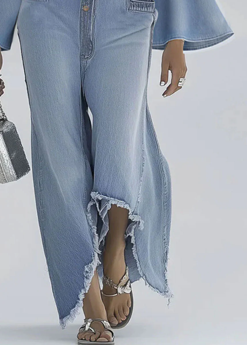 Stylish Light Blue Button Denim Jumpsuit Flare Sleeve - Image 4