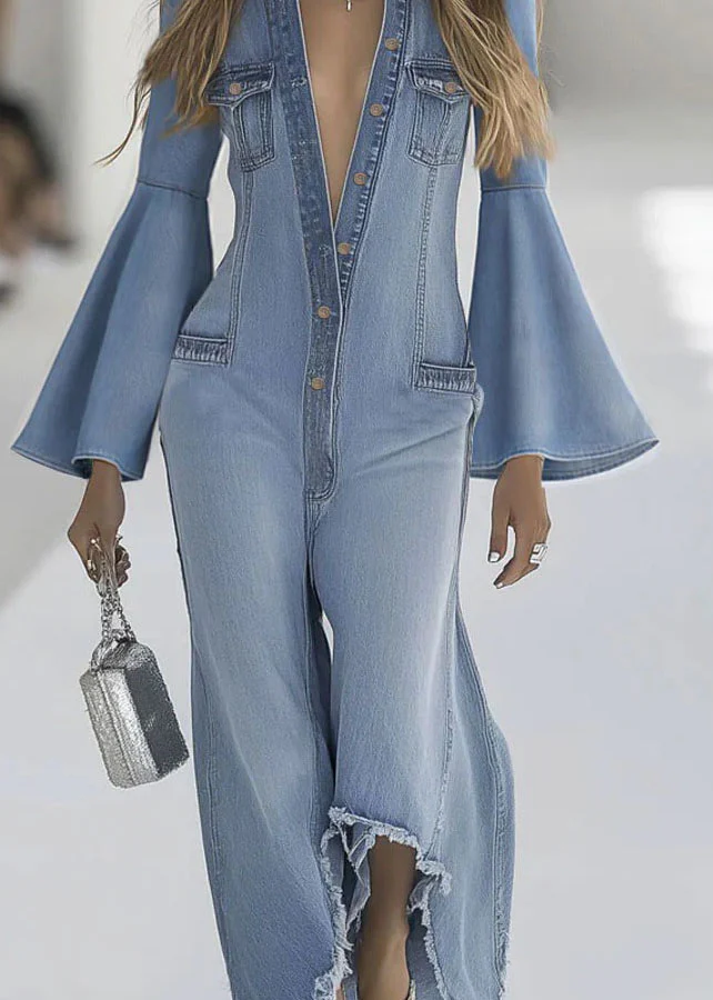 Stylish Light Blue Button Denim Jumpsuit Flare Sleeve - Image 5